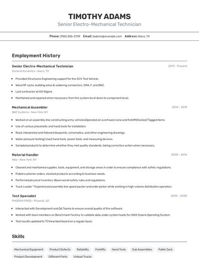 Senior Electro-Mechanical Technician Resume