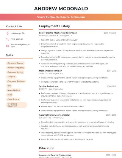 Senior Electro-Mechanical Technician Resume