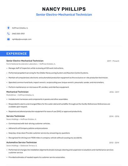 Senior Electro-Mechanical Technician Resume