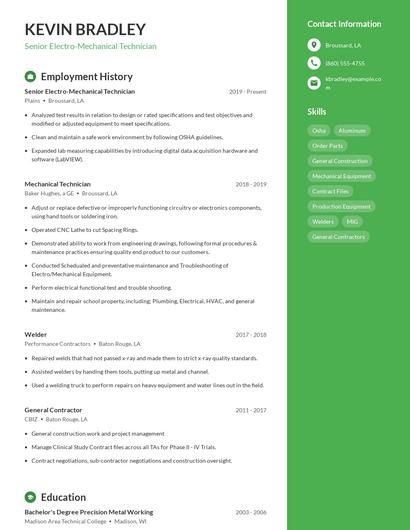 Senior Electro-Mechanical Technician Resume