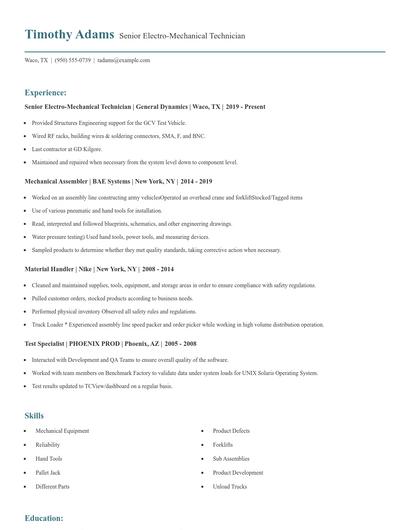 Senior Electro-Mechanical Technician Resume
