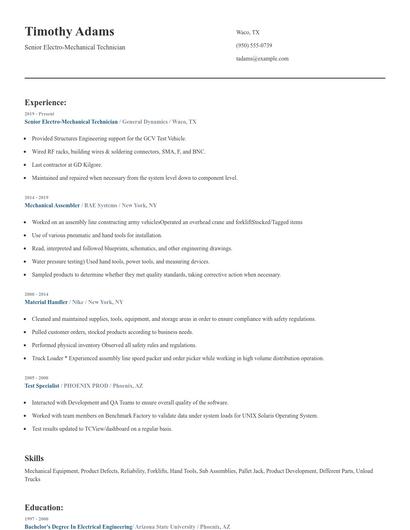 Senior Electro-Mechanical Technician Resume