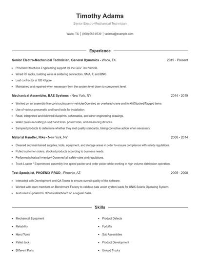 Senior Electro-Mechanical Technician Resume