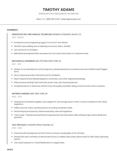 Senior Electro-Mechanical Technician Resume