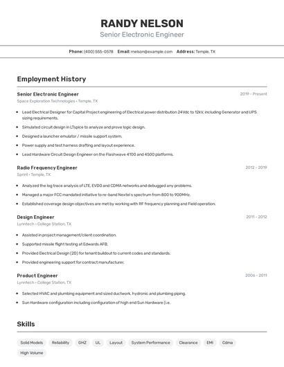Senior Electronic Engineer Resume