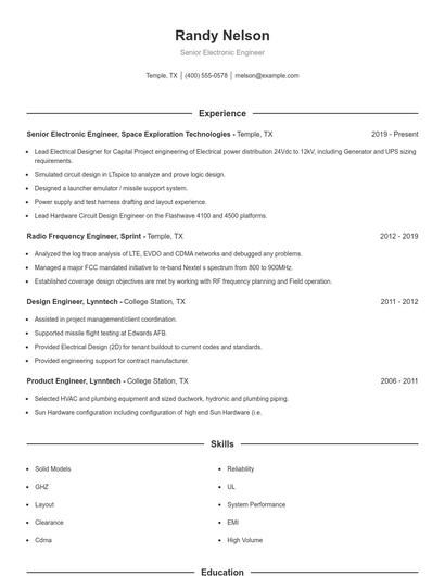 Senior Electronic Engineer Resume