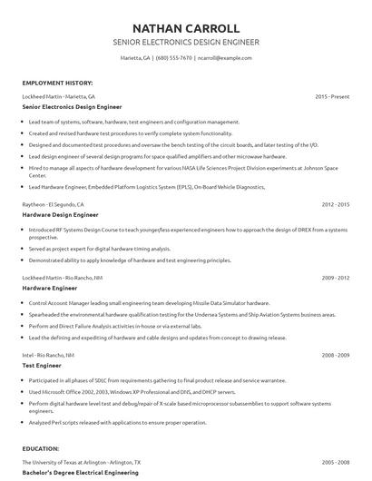 Senior Electronics Design Engineer Resume