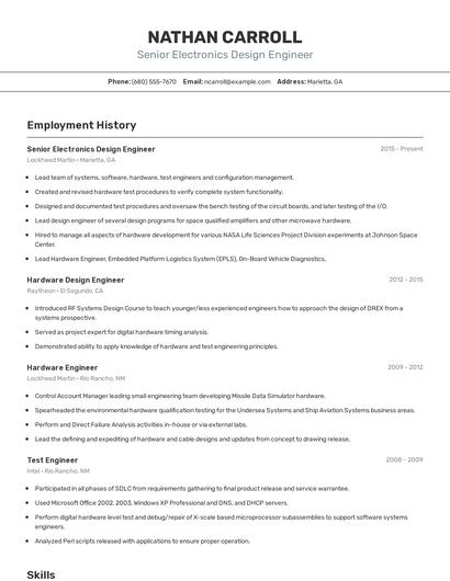 Senior Electronics Design Engineer Resume