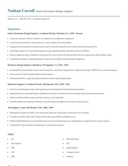 Senior Electronics Design Engineer Resume