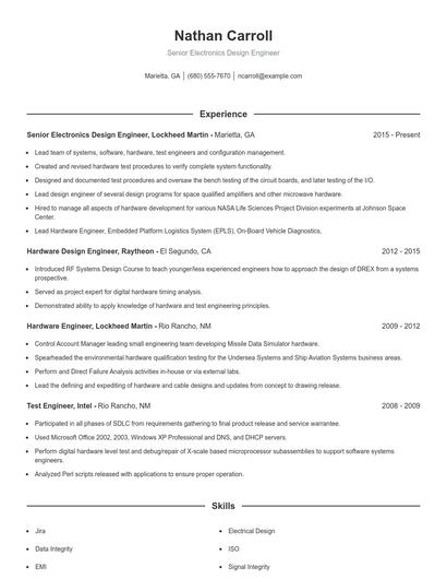 Senior Electronics Design Engineer Resume