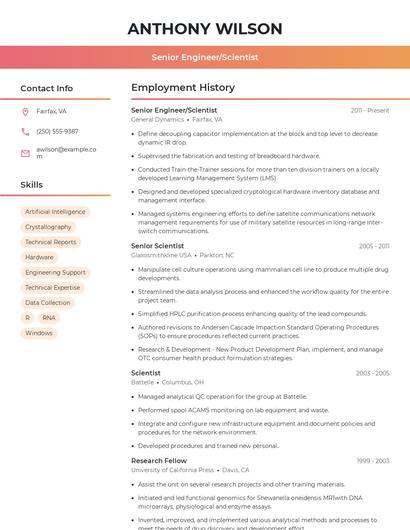 Senior Engineer/Scientist Resume