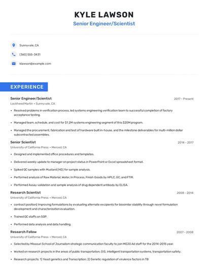 Senior Engineer/Scientist Resume