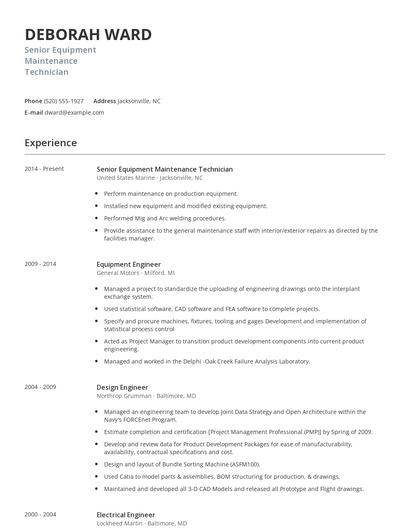 Senior Equipment Maintenance Technician Resume