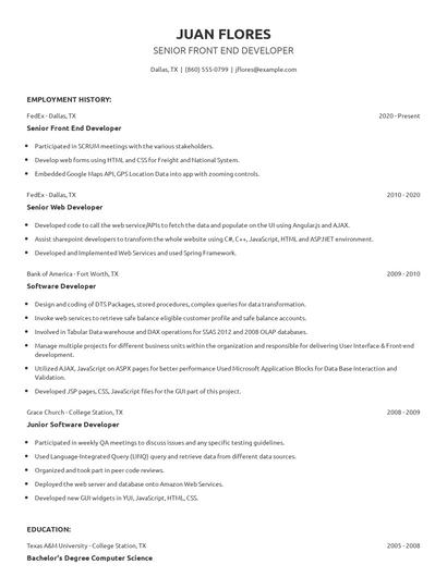 Senior Front End Developer Resume