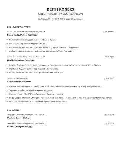 Senior Health Physics Technician Resume