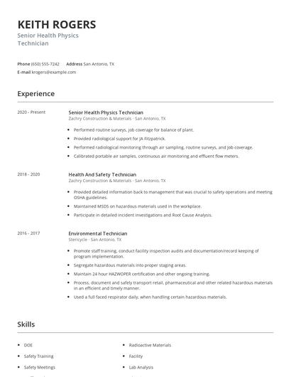 Senior Health Physics Technician Resume