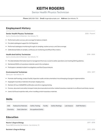 Senior Health Physics Technician Resume