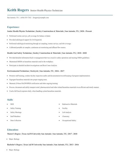 Senior Health Physics Technician Resume