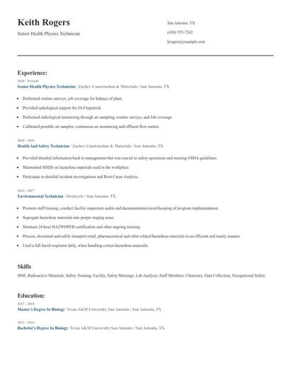 Senior Health Physics Technician Resume