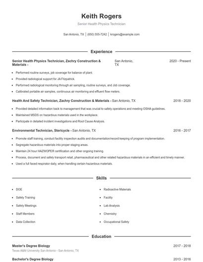 Senior Health Physics Technician Resume