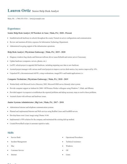 Senior Help Desk Analyst Resume