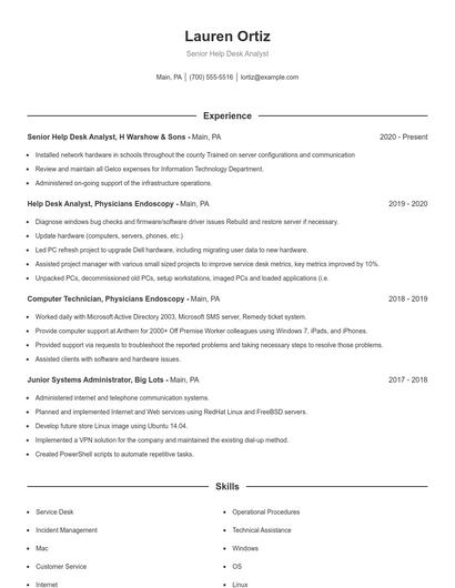 Senior Help Desk Analyst Resume