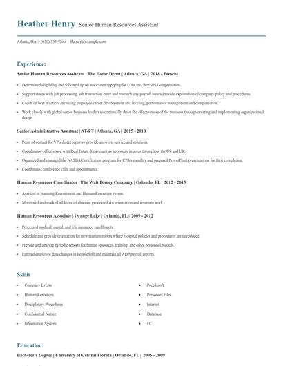 Senior Human Resources Assistant Resume
