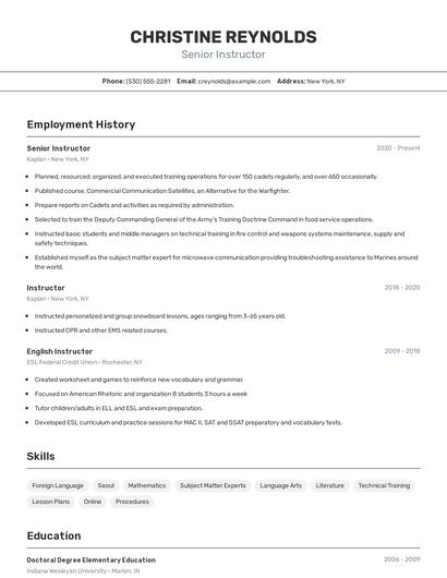 Senior Instructor Resume
