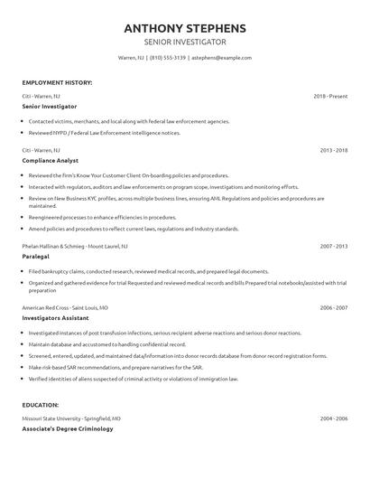 Senior Investigator Resume