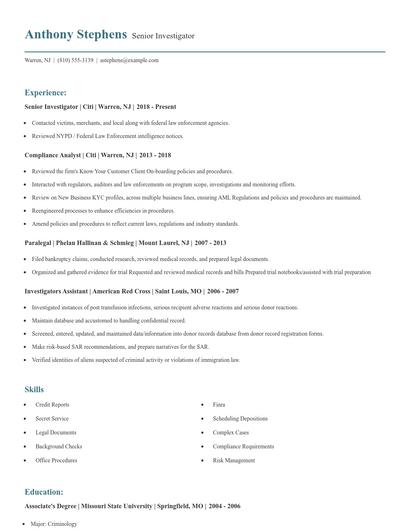 Senior Investigator Resume