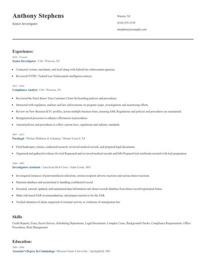 Senior Investigator Resume