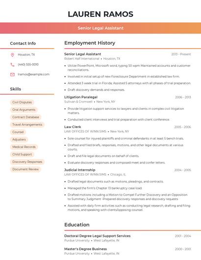 Senior Legal Assistant Resume