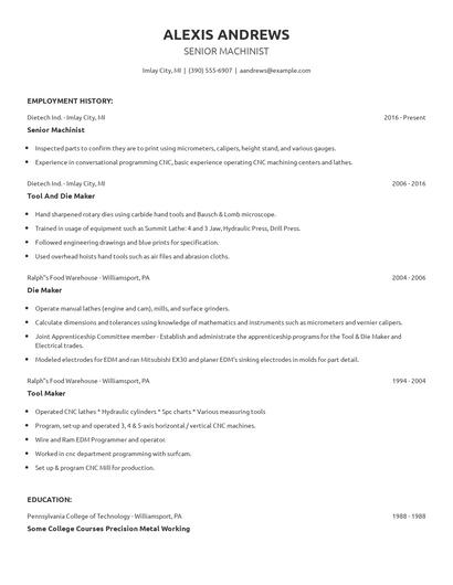 Senior Machinist Resume
