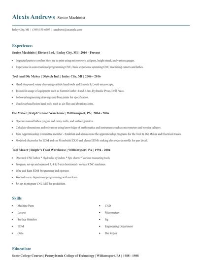 Senior Machinist Resume