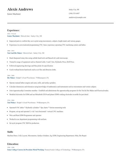Senior Machinist Resume