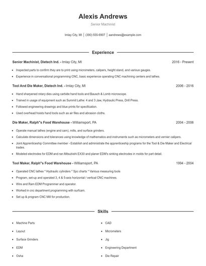 Senior Machinist Resume