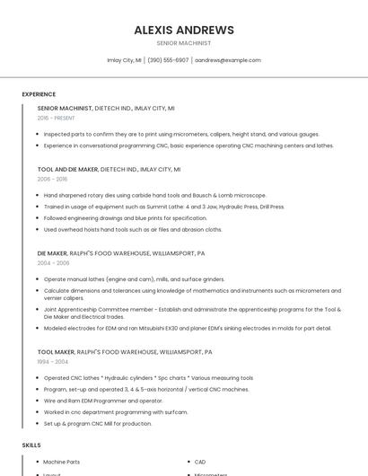 Senior Machinist Resume