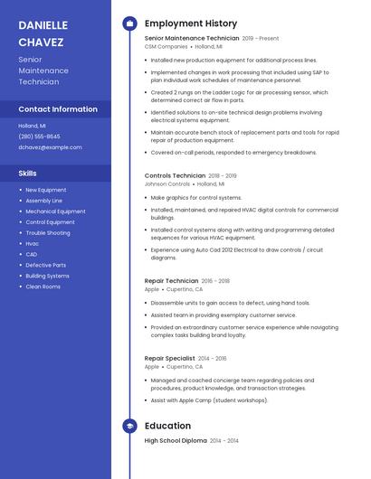 Senior Maintenance Technician Resume