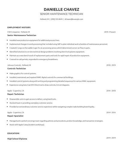 Senior Maintenance Technician Resume