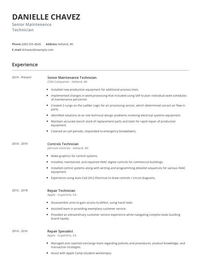 Senior Maintenance Technician Resume