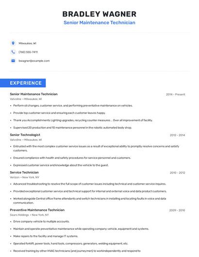 Senior Maintenance Technician Resume