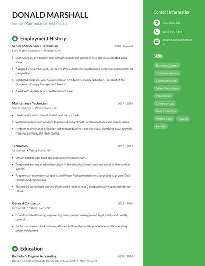 Senior Maintenance Technician Resume