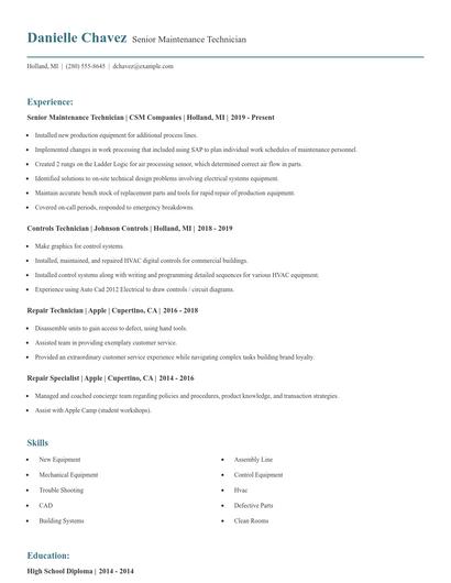 Senior Maintenance Technician Resume