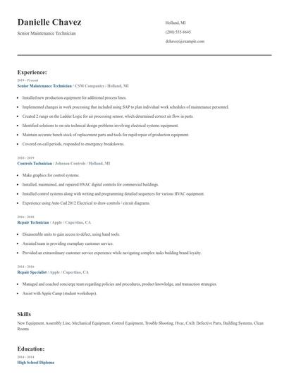 Senior Maintenance Technician Resume