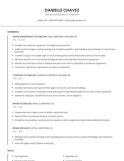 Senior Maintenance Technician Resume