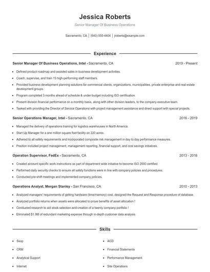 Senior Manager Of Business Operations Resume