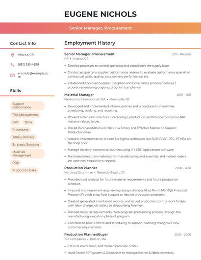 Senior Manager, Procurement Resume