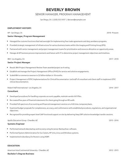 Senior Manager, Program Management Resume