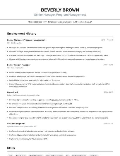 Senior Manager, Program Management Resume