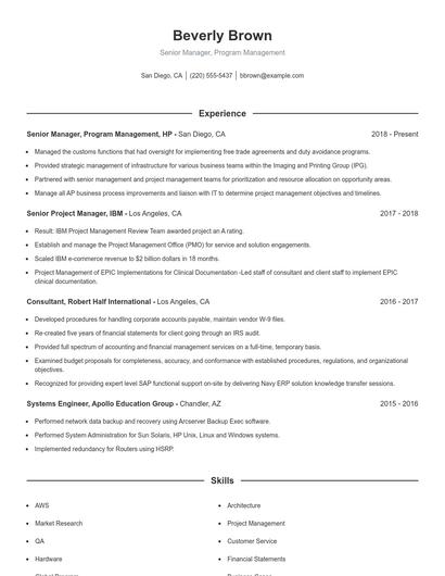 Senior Manager, Program Management Resume